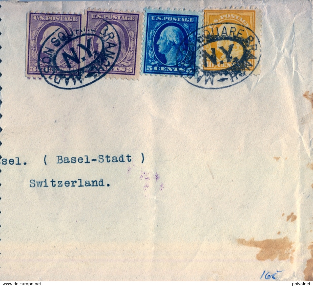 1923 , ESTADOS UNIDOS , SOBRE CIRCULADO , MADISON SQUARE BRANCH - BASILEA , TRÁNSITO , LLEGADA - Cartas & Documentos