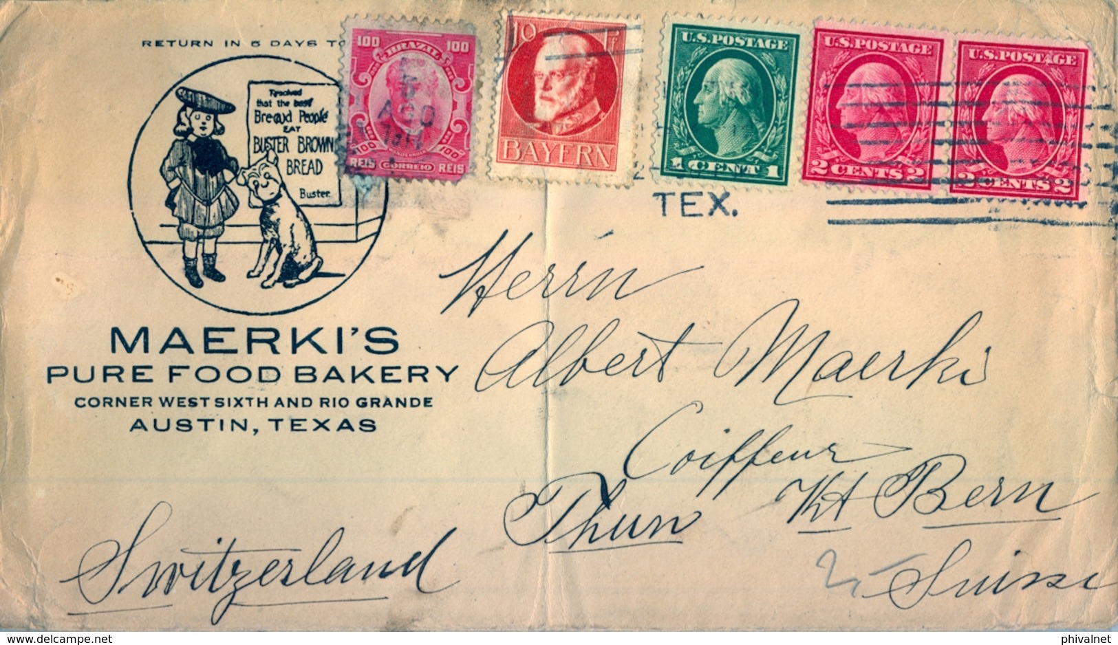 1915 , ESTADOS UNIDOS , SOBRE CIRCULADO , AUSTIN - THUN , SOBRE COMERCIAL ILUSTRADO, LLEGADA - Cartas & Documentos