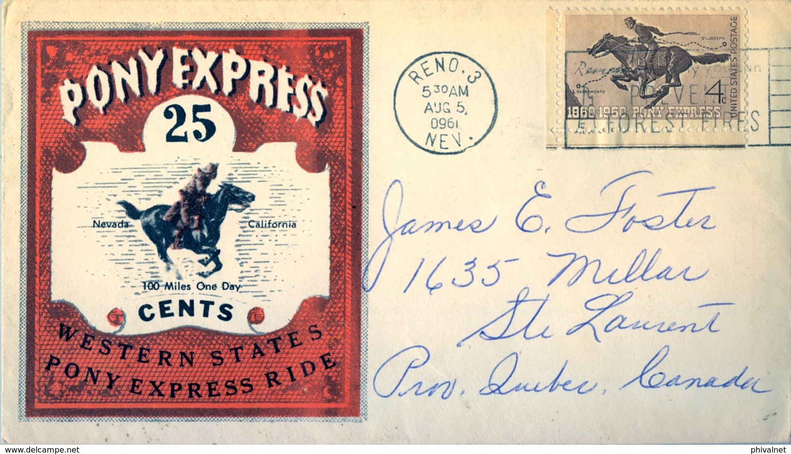 1960 , ESTADOS UNIDOS , SOBRE CIRCULADO , RENO - ST. LAURENT , FECHA INVERTIDA EN EL MATASELLOS , PONY EXPRES - Cartas & Documentos