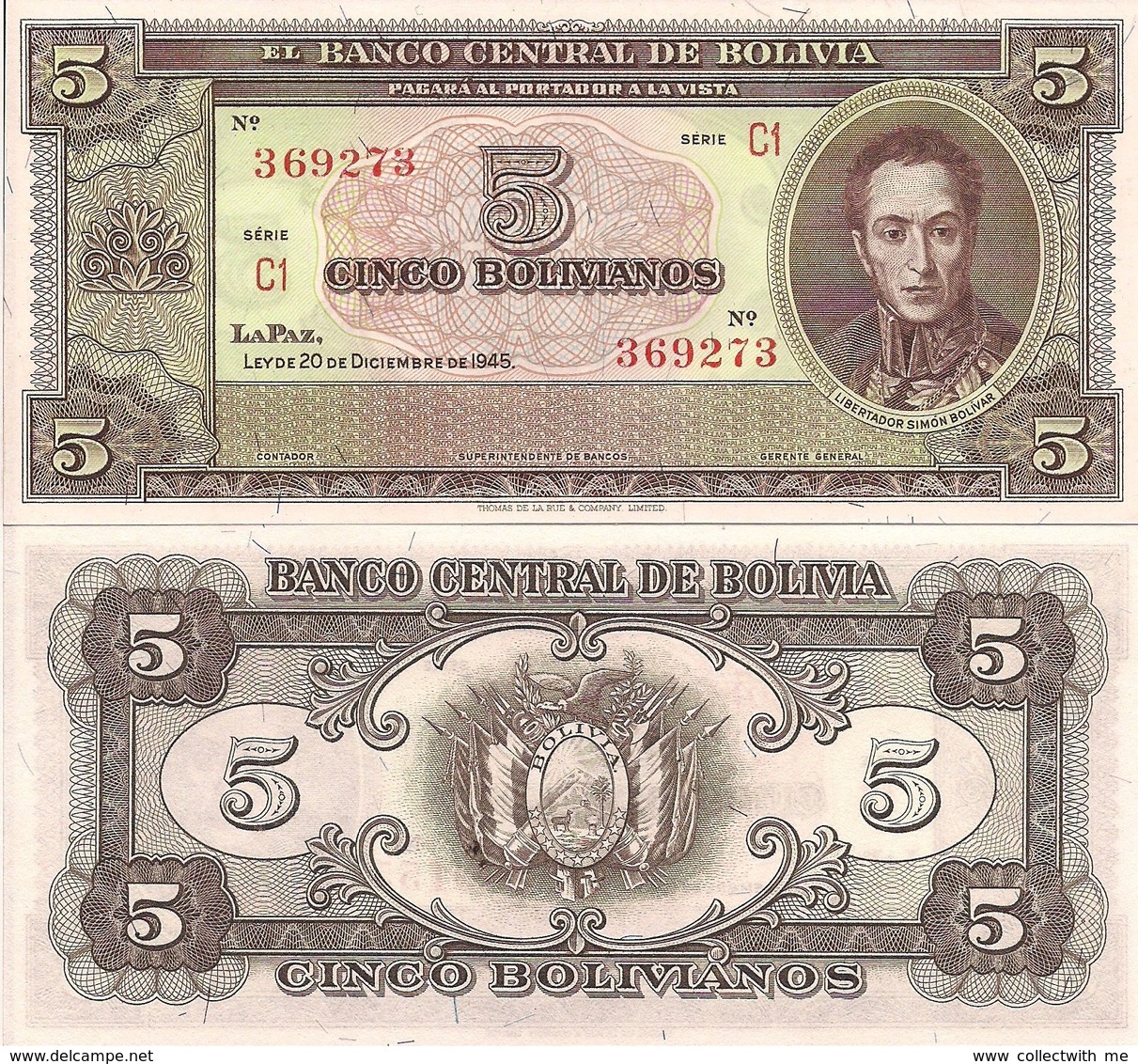 Bolivia 5 Bolivianos 1945 UNС Without Signatures - Bolivie