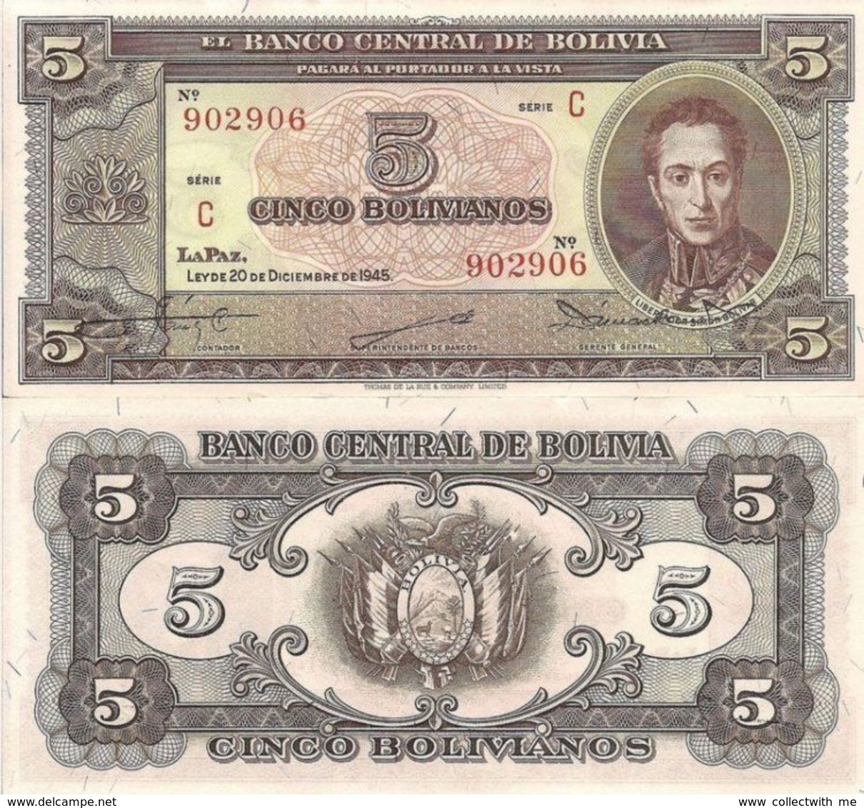 Bolivia 5 Bolivianos 1945 UNС - Bolivie