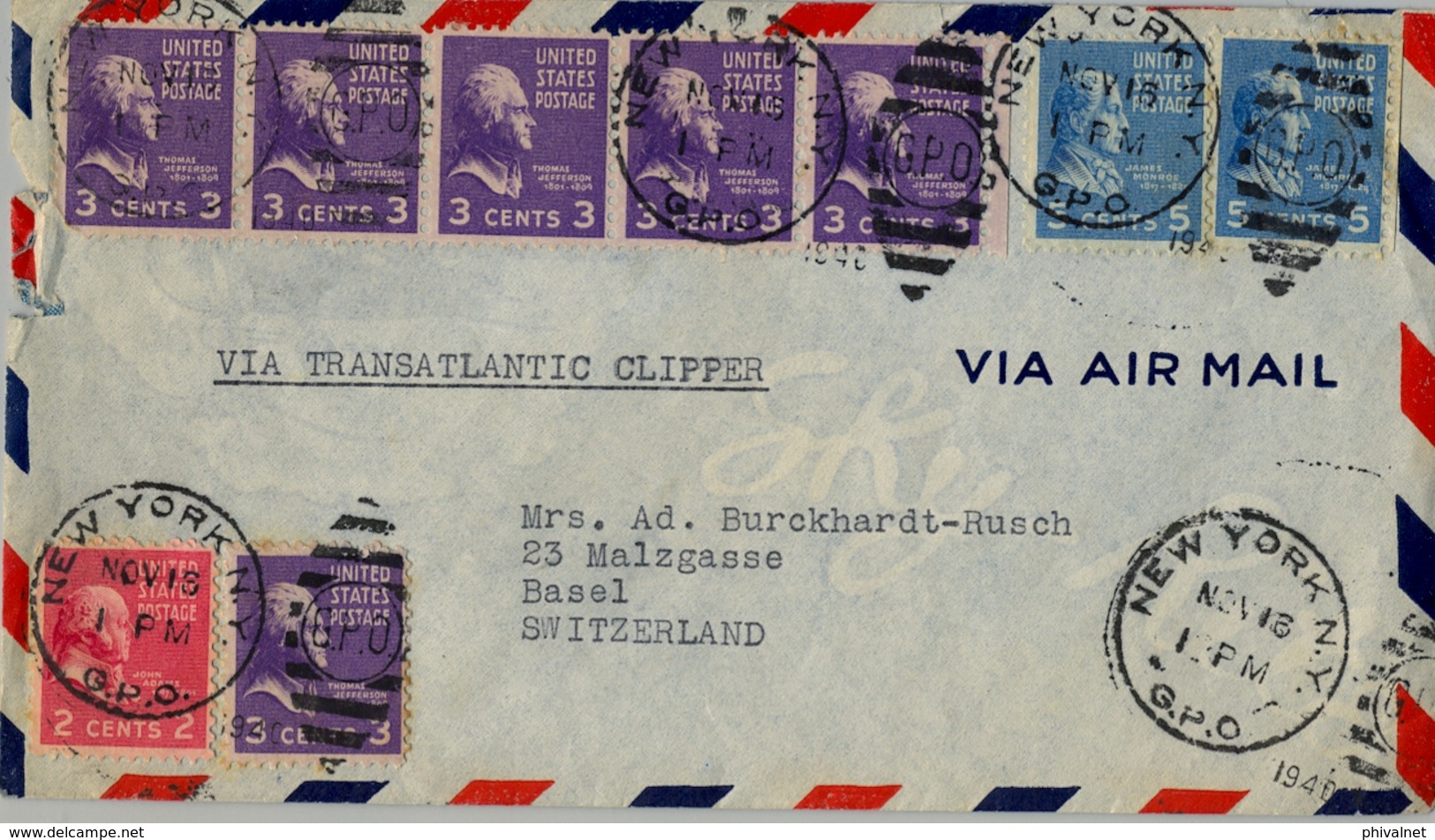 1940 , ESTADOS UNIDOS , SOBRE CIRCULADO VIA TRANSATLANTIC CLIPPER ENTRE NUEVA YORK Y BASILEA, CORREO AÉREO - Cartas & Documentos