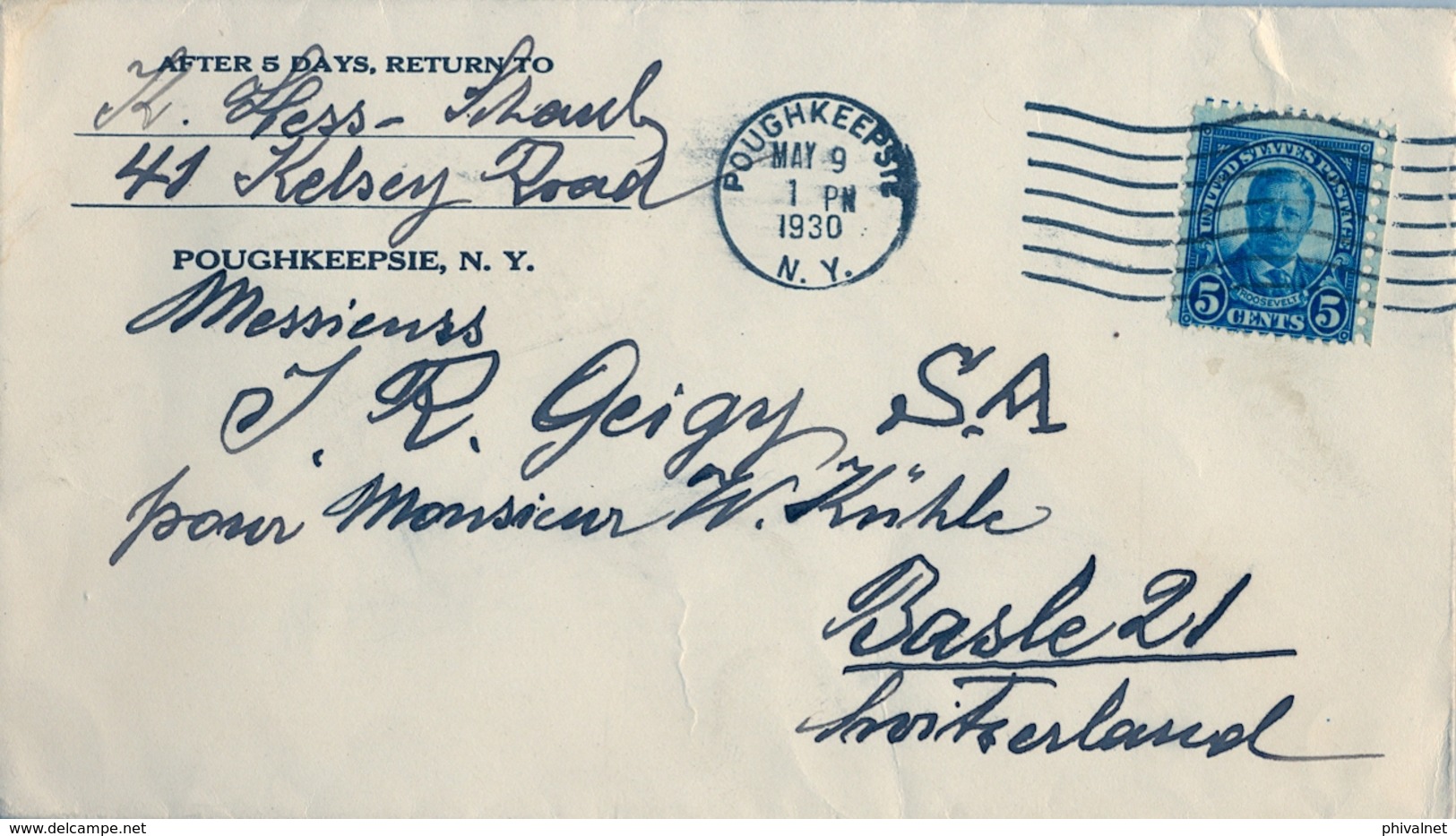 1930 , ESTADOS UNIDOS , SOBRE CIRCULADO , POUGHKEEPSIE - BASILEA - Cartas & Documentos