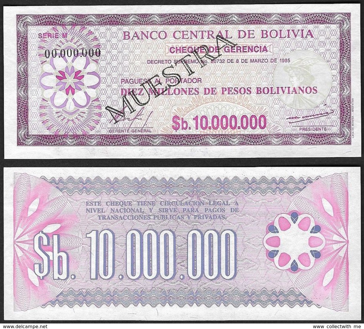 Bolivia 10 Million Pesos Bolivianos 1985 UNC Specimen - Bolivie