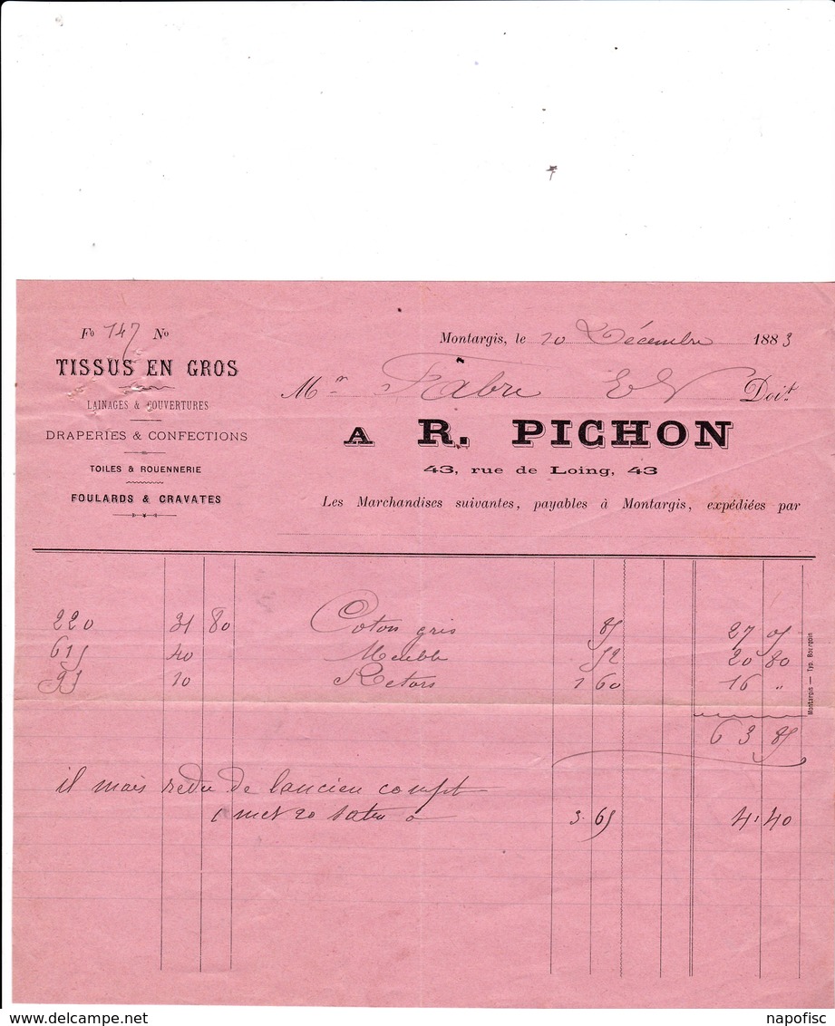 45-R.Pichon....Tissus En Gros...Montargis...(Loiret)...1883 - Textile & Vestimentaire