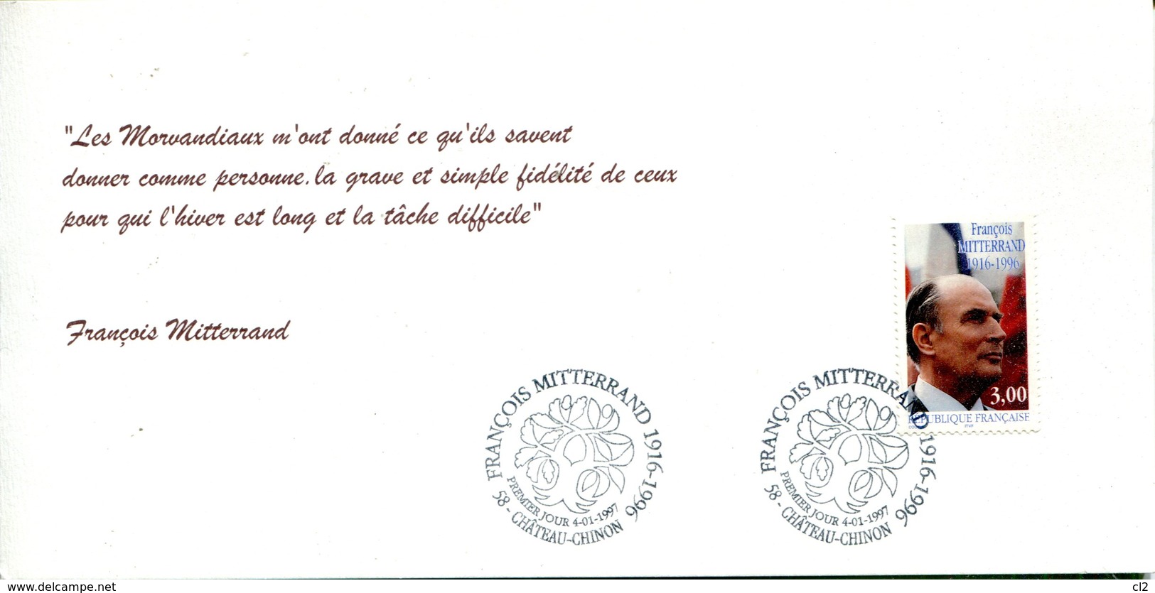 PRANCE - Premier Jour Y&T 3042 - François Mitterand - Souvenir Philatélique De La Poste De Château-Chinon - 1990-1999