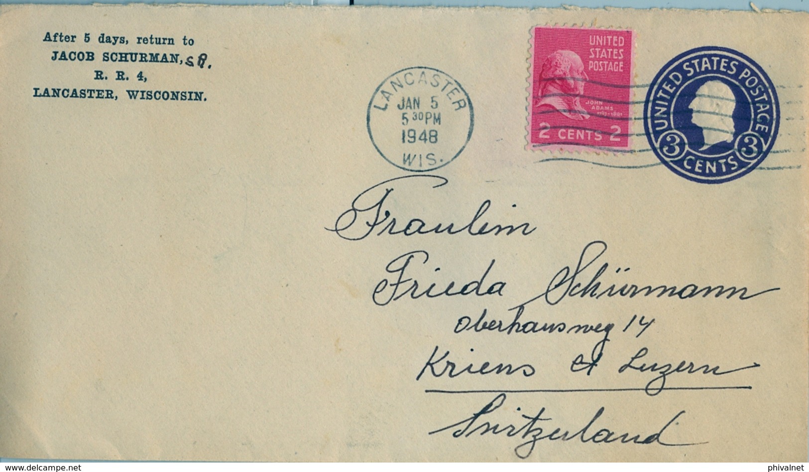 1948 , ESTADOS UNIDOS , SOBRE ENTERO POSTAL CIRCULADO , LANCASTER - LUZERNA - 1941-60