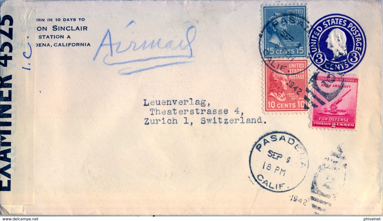 1942 , ESTADOS UNIDOS , SOBRE ENTERO POSTAL CIRCULADO , PASADENA - ZURICH , CORREO AÉREO , CENSURA - 1941-60