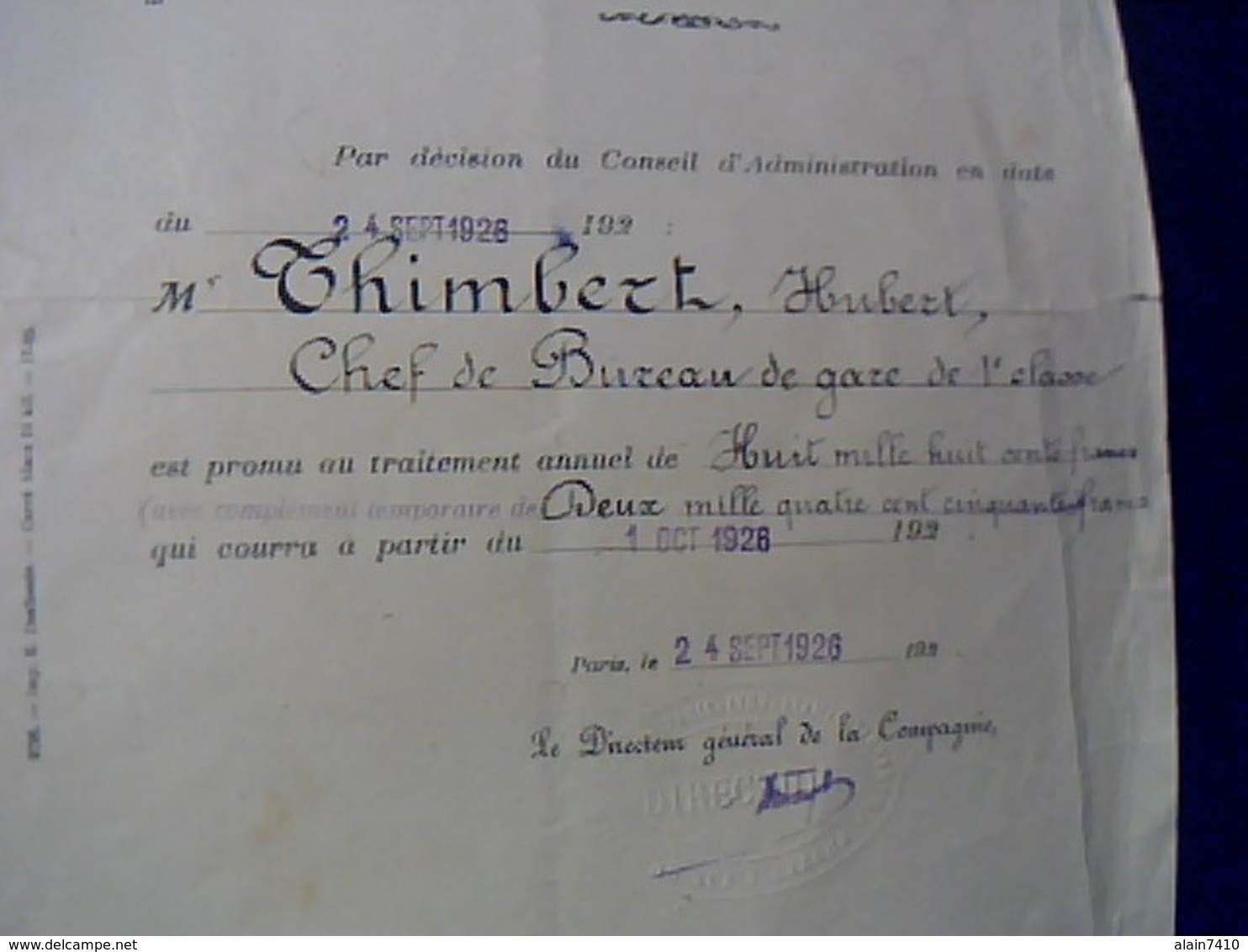 SNCF Train Chemin De Fer De Paris A Lyon Et A La Mediterrannée Promotion Au Traitement D'un Chef De Gare Annee 1926 - Chemin De Fer