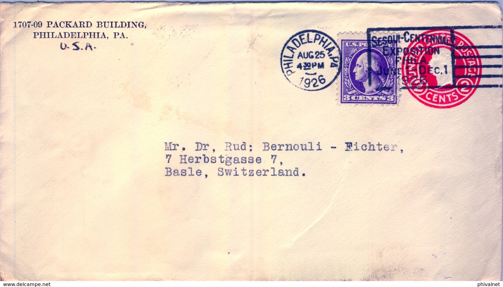 1926 , ESTADOS UNIDOS , SOBRE ENTERO POSTAL  , PHILADELPHIA - BASILEA, SESQUI - CENTENNIAL EXPOSITION PHILA., VIÑETA - 1921-40