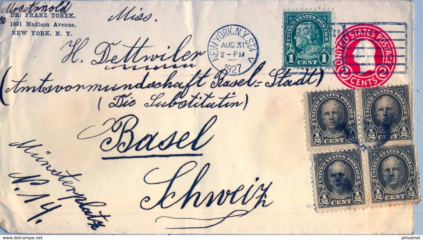 1927 , ESTADOS UNIDOS , SOBRE ENTERO POSTAL  , NUEVA YORK - BASILEA , BONITO FRANQUEO COMPLEMENTARIO - 1921-40