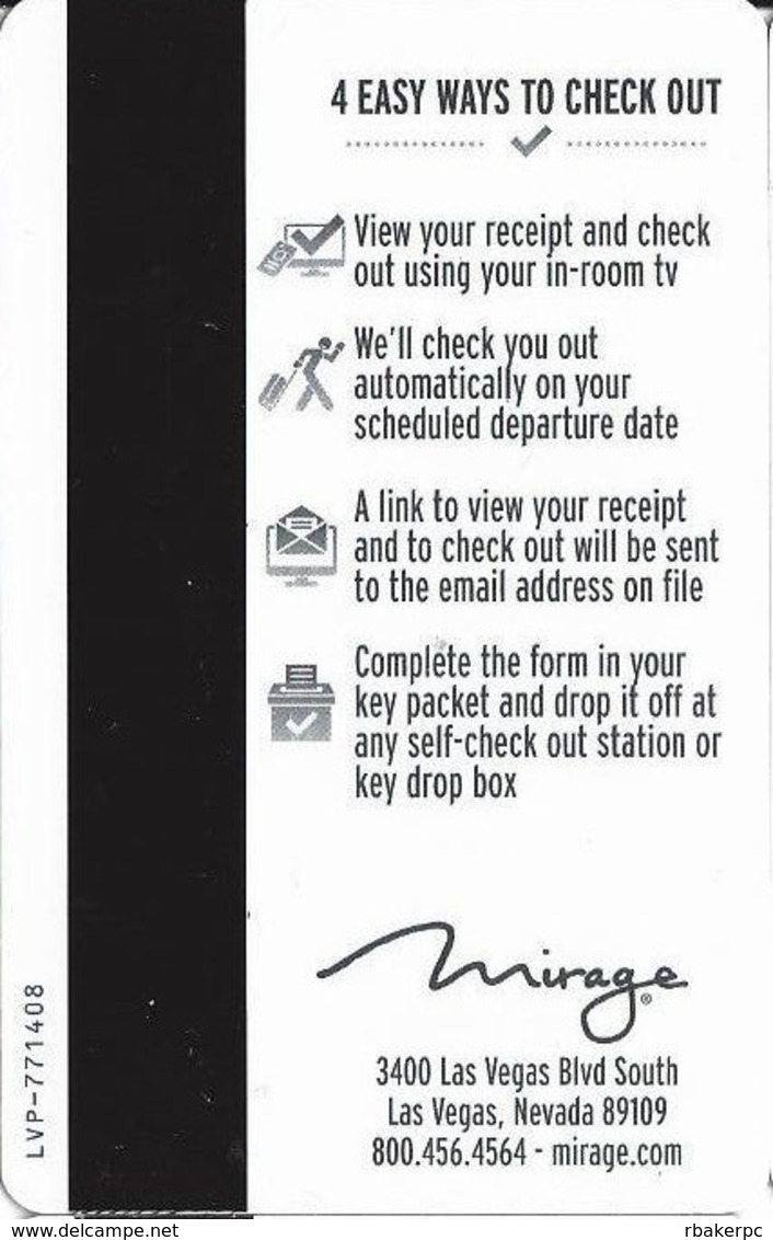 Mirage Casino Las Vegas, NV Hotel Room Key Card With LVP-771408 Over Mag Stripe - Hotel Keycards