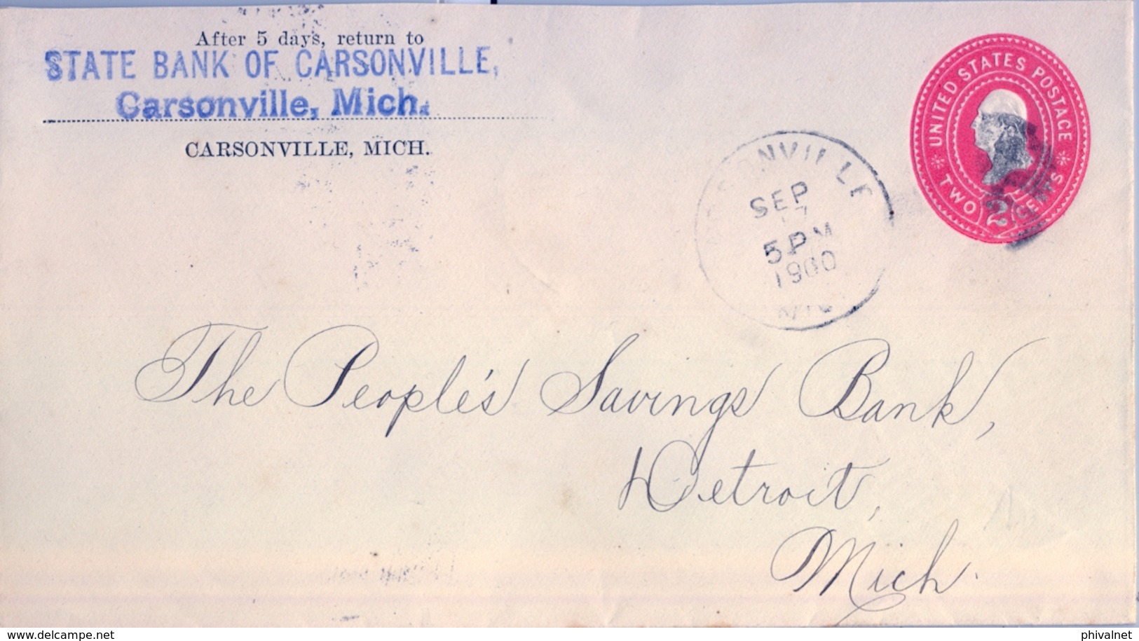 1900 , ESTADOS UNIDOS , SOBRE ENTERO POSTAL  , CARSONVILLE , STATE BANK - DETROIT , LLEGADA AL DORSO - ...-1900