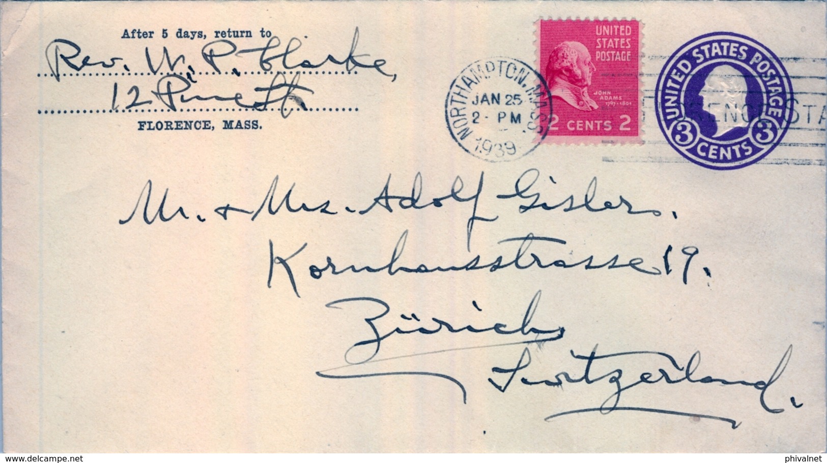 1939 , ESTADOS UNIDOS , SOBRE ENTERO POSTAL  CIRCULADO, NORTHAMPTON - ZÜRICH - 1921-40