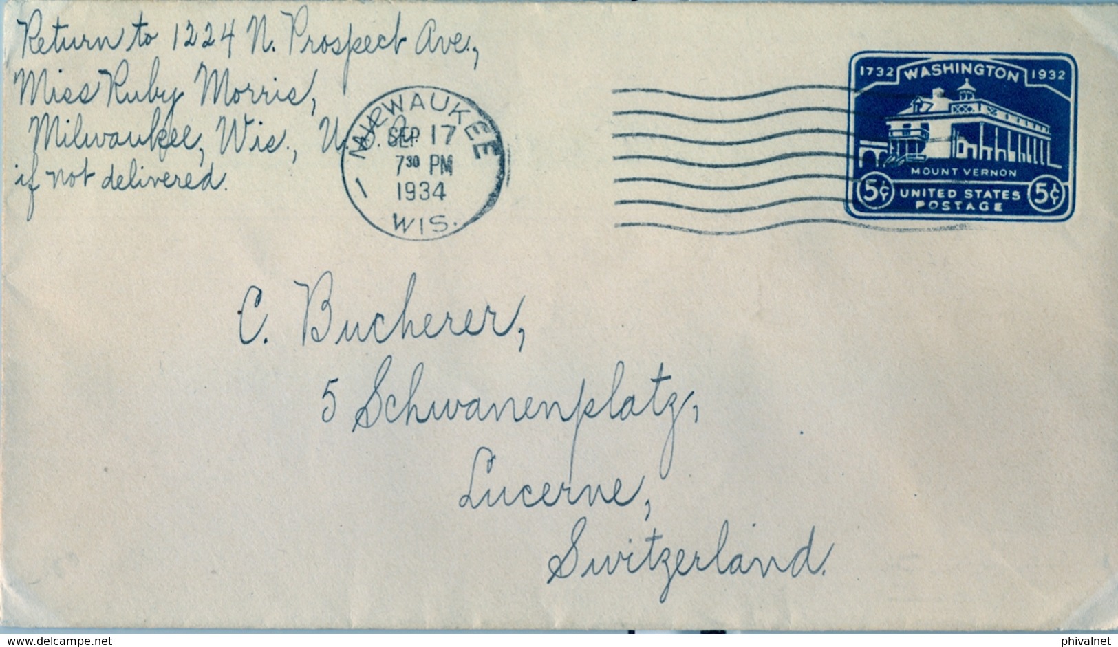 1934 , ESTADOS UNIDOS , SOBRE ENTERO POSTAL  CIRCULADO, MILWAUKEE - LUZERNA , MOUNT VERNON - 1921-40