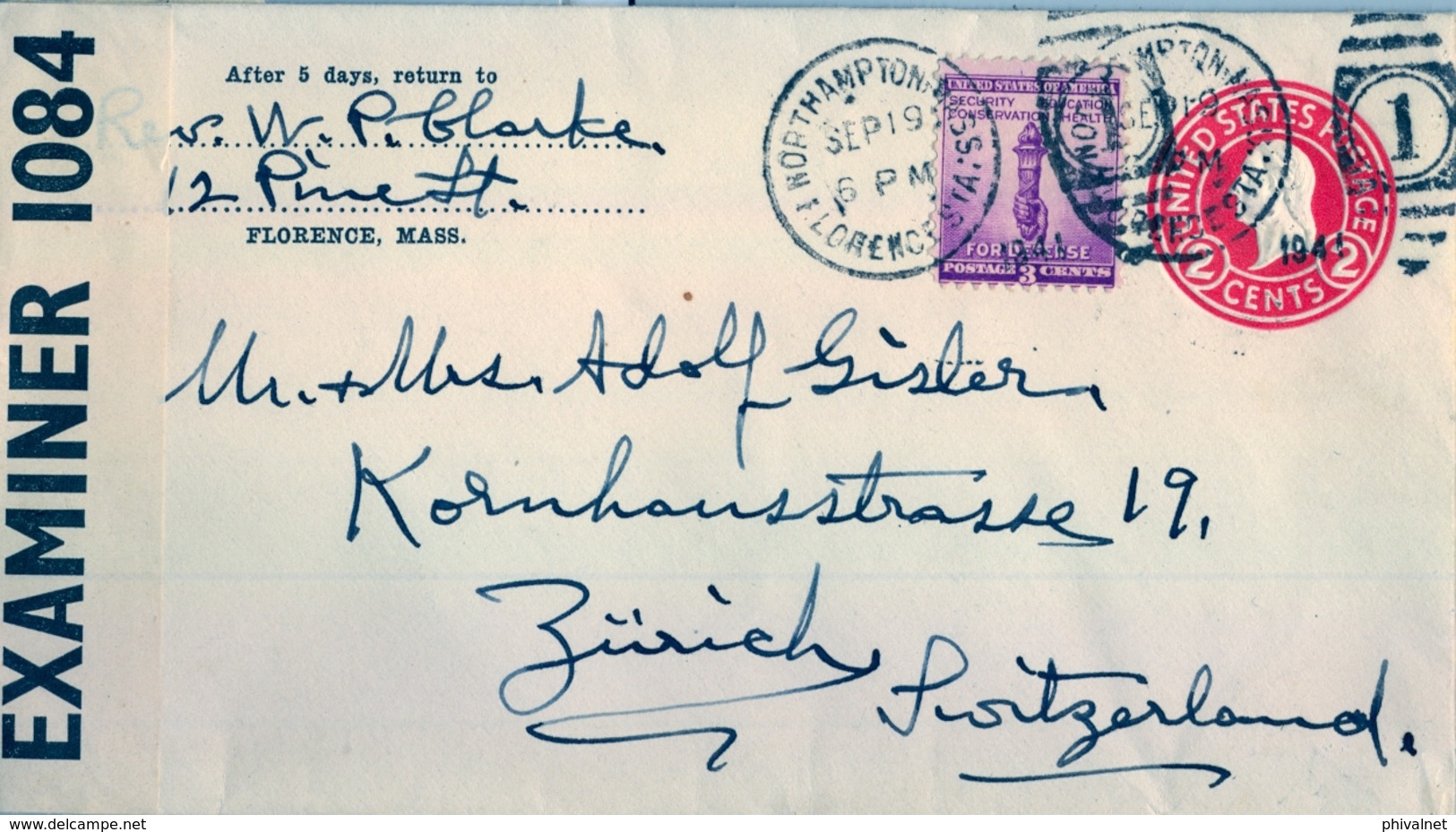 1941 , ESTADOS UNIDOS , SOBRE ENTERO POSTAL  CIRCULADO, NORTHAMPTON - ZÜRICH , CENSURA - 1941-60