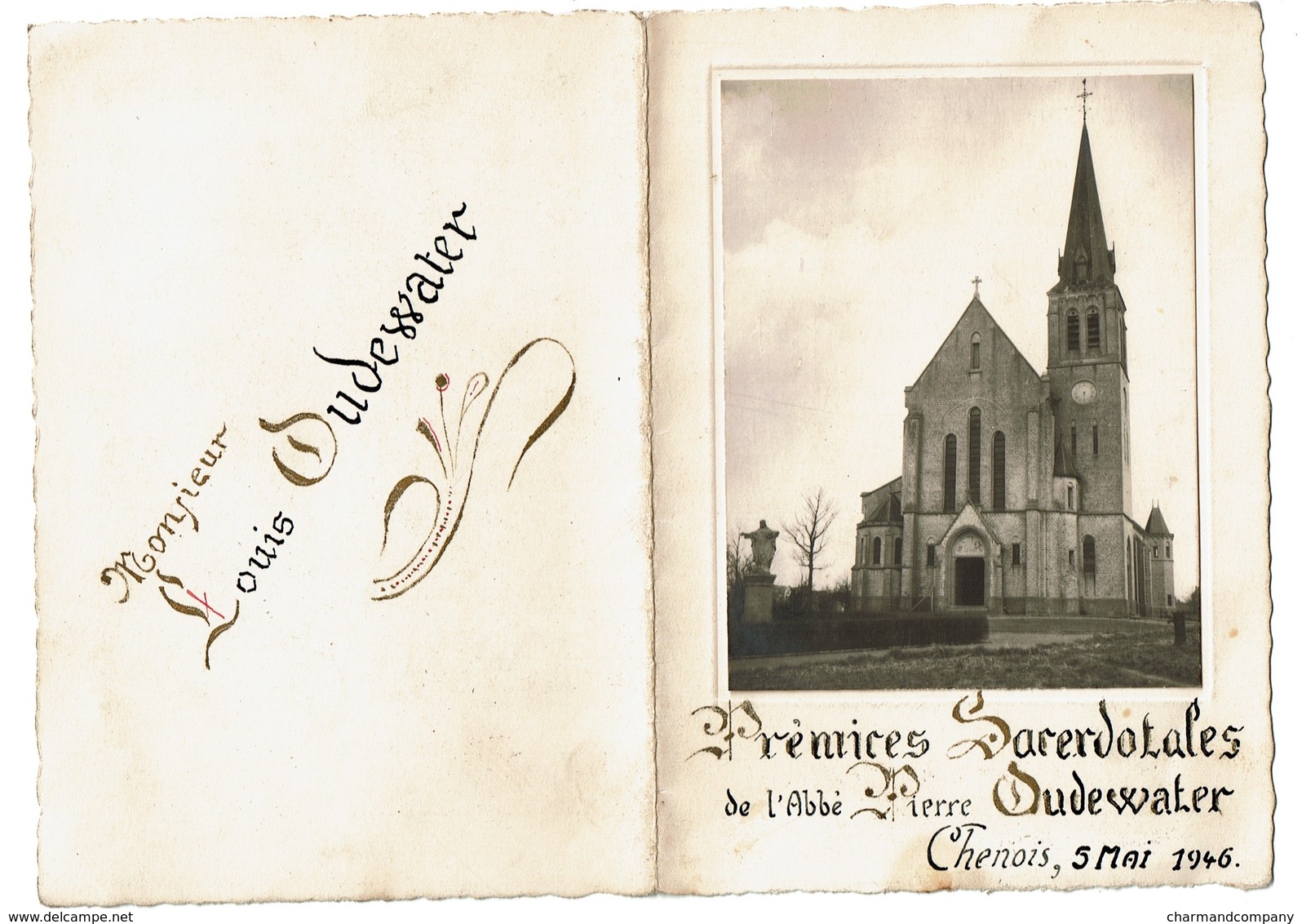 Photo De L'Eglise De Chenois Sur Menu 1946 - Abbé Pierre Oudewater - 4 Scans - Waterloo