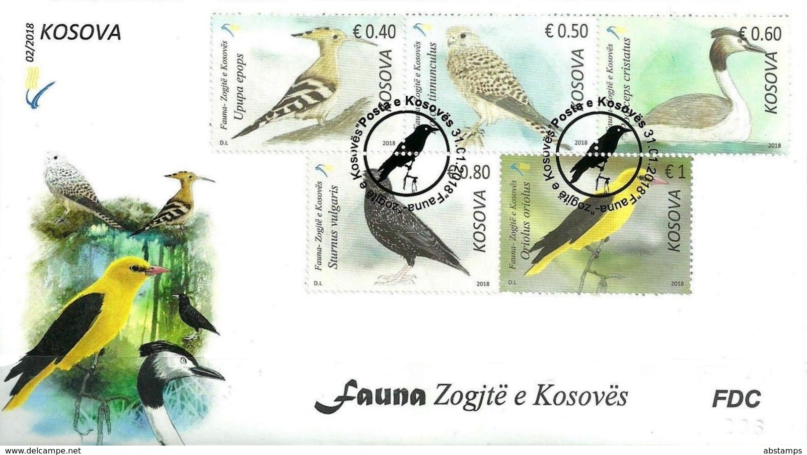 Kosovo Stamps 2018. Fauna: Birds. Falco, Upupa, Sturnus, Oriolus. FDC Set MNH - Kosovo