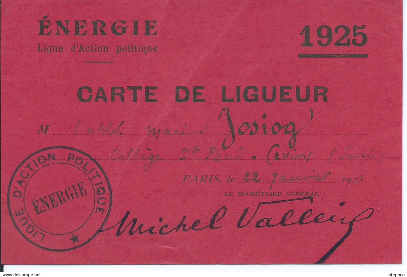 CARTE DE LIGUEUR 1925 (LIGUE D'ACTION POLITIQUE) - Unclassified