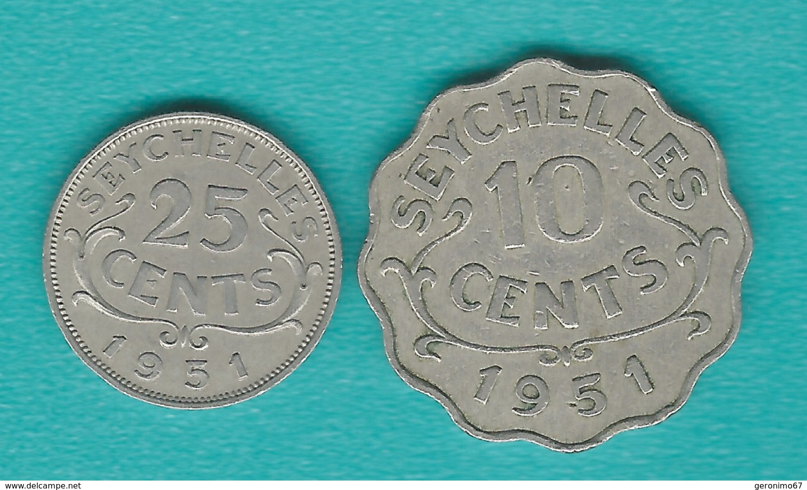 George VI - 1951 - 10 Cents (KM8) & 25 Cents ¼ Rupee (KM9) - Seychelles