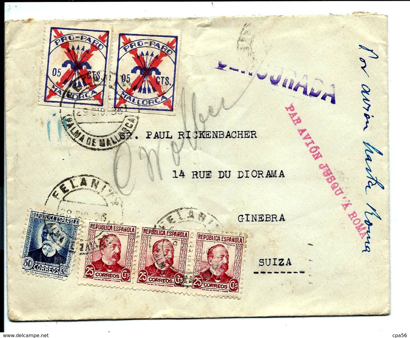 FELANITX - Palma De MALLORCA 1936 - Par Avion Pour La SUIZA - Via ROMA - Lettres & Documents
