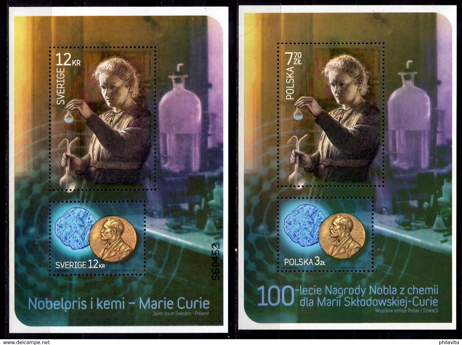 2011 100 Years Of Nobel Proze For Marie Curie - Joint Poland And Sweden Both Countries MS Sweden MS With Number - MNH** - Gemeinschaftsausgaben