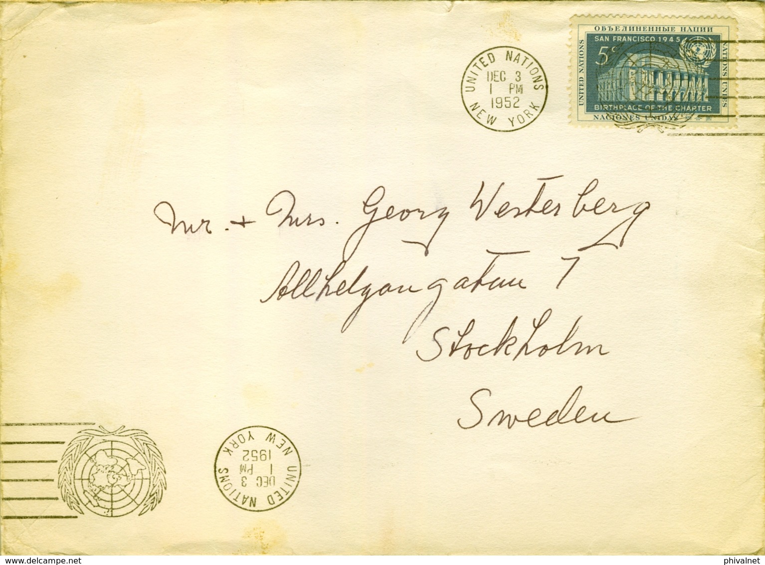 1952 , NACIONES UNIDAS , NUEVA YORK - ESTOCOLMO , SOBRE CIRCULADO - Storia Postale