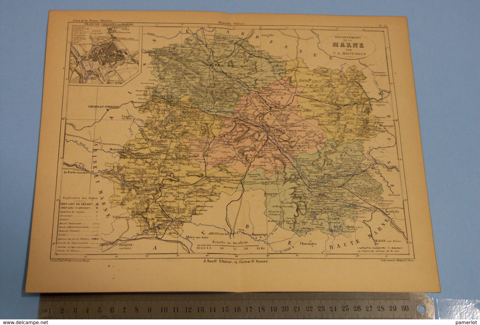 FRANCE Carte Géographique   - C: 1880, Dep. MARNE, Avec Plan De CHALON SUR MARNE. + Illustration De  CHALON...... - Geographical Maps