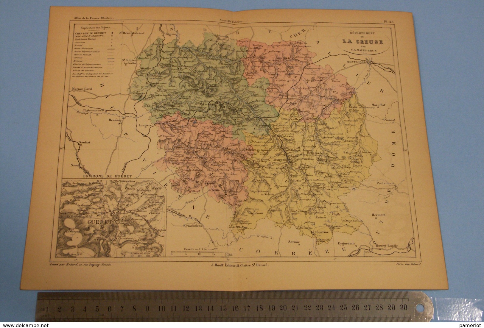 FRANCE Carte Géographique   - C: 1880, Dep. LA CREUSE, Avec Plan De ENVIRON DE GUERET + Illustration De GUERET - Cartes Géographiques