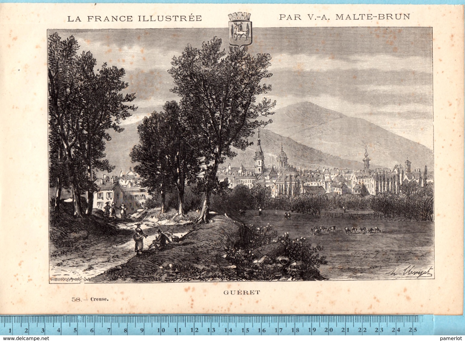 FRANCE Carte Géographique   - C: 1880, Dep. LA CREUSE, Avec Plan De ENVIRON DE GUERET + Illustration De GUERET - Cartes Géographiques