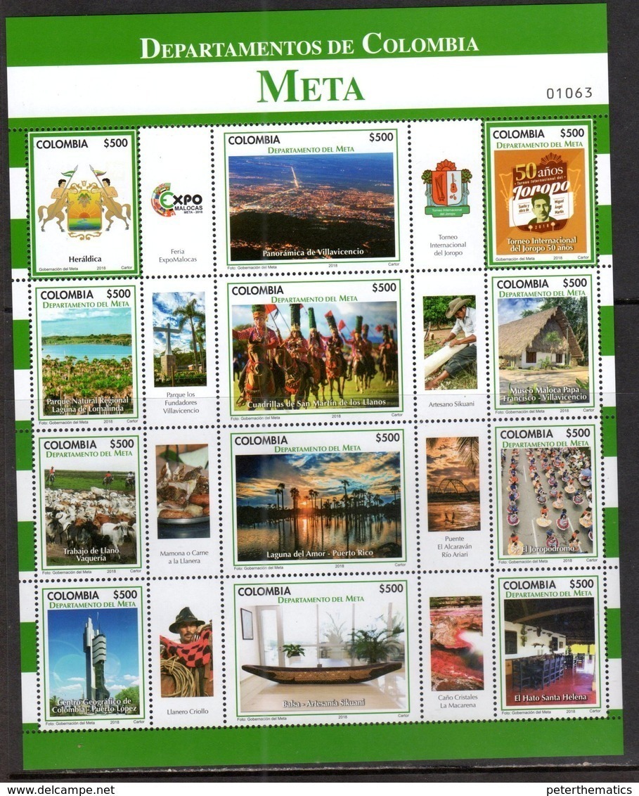 COLOMBIA, 2018, MNH, META DEPARTAMENTO, COSTUMES, DANCES, HORSES, CATTLE, BOATS, MUSEUMS, SHEETLET - Geography