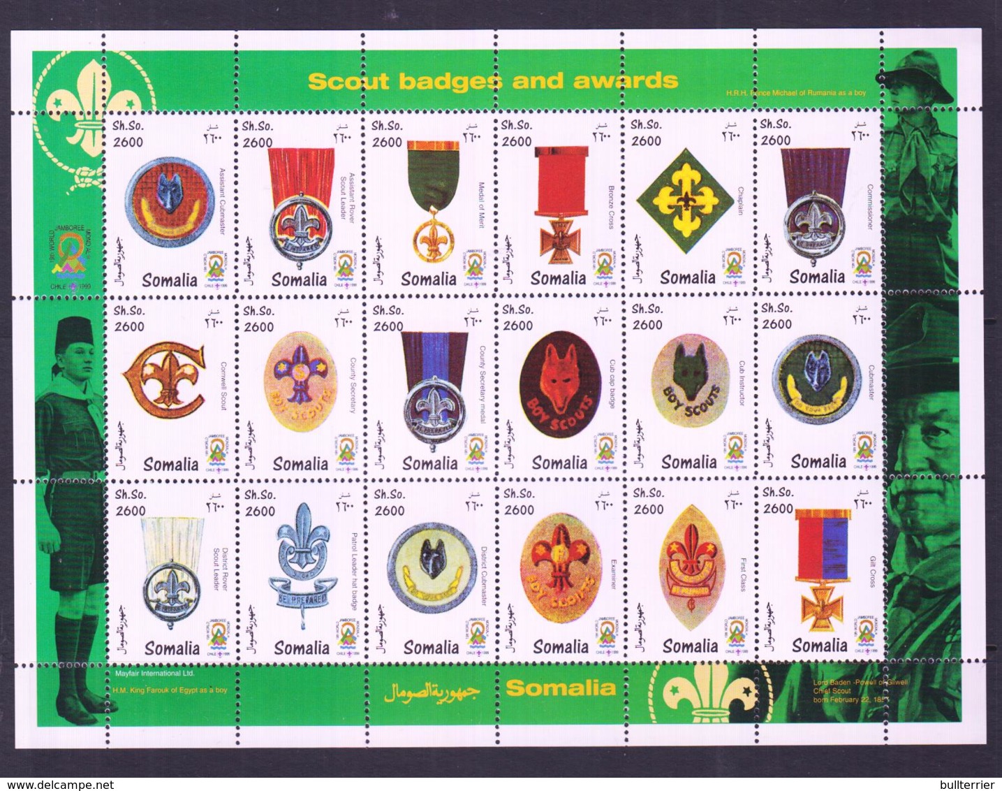 SCOUTS -  SOMALIA - 1999 - CHILE JAMBOREE BADGES SHEETLET OF 18  MINT NEVER HINGED - Unused Stamps