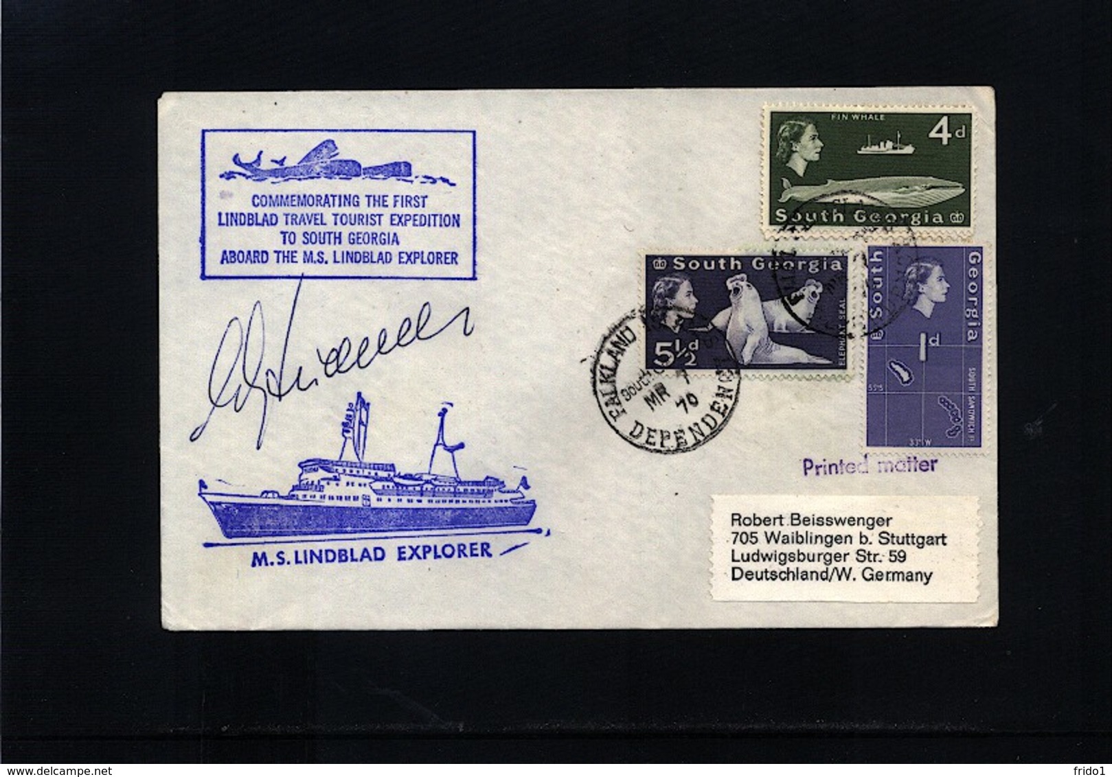 South Georgia 1970 MS Lindblad Explorer Anniversary Of The First Tourist Visit To South Georgia Interesting Cover Signed - Südgeorgien