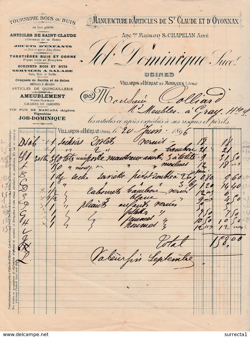 Facture 1945 / JOB Dominique / Manufacture Articles Bois Buis Jouets Tabatières / Usine Villars D'Hériat Et Moirans / 39 - 1800 – 1899