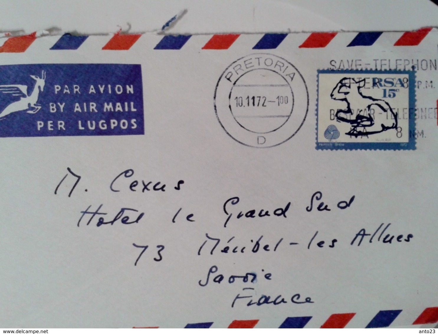 Lettre Pretoria Waterkloof Pour Hôtel Le Grand Sud Méribel France Par Avion - Lettres & Documents