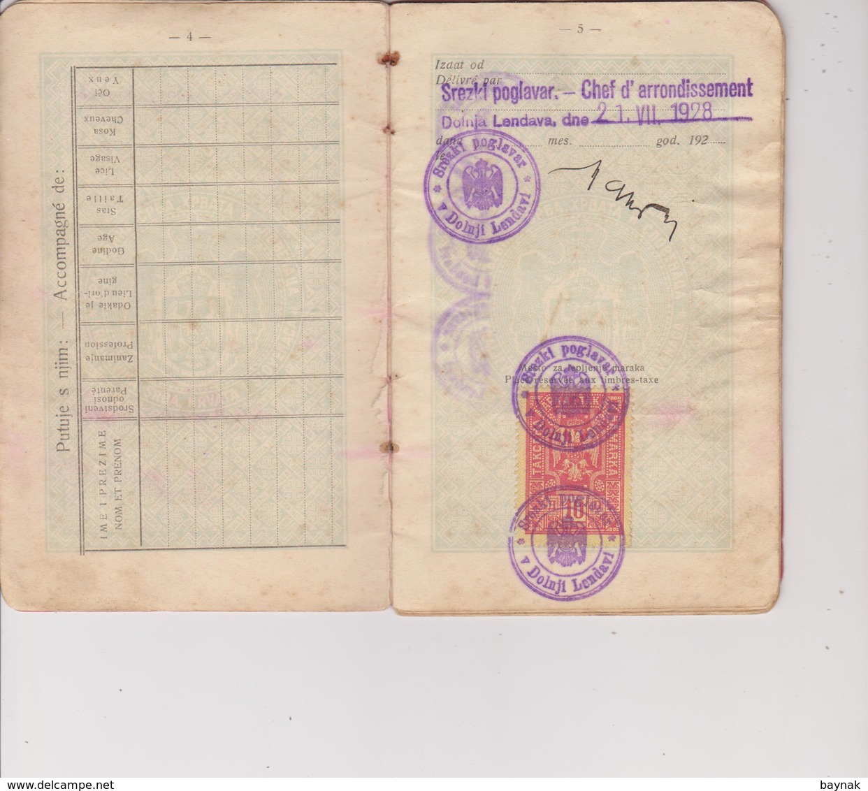 YU24 -  PASSPORT - KINGDOM OF SHS, DOLNJA LENDAVA, SLOVENIA  - 1928  - LADY PHOTO  - VISA AUSTRIA , HUNGARY - TAX STAMPS - Historische Dokumente