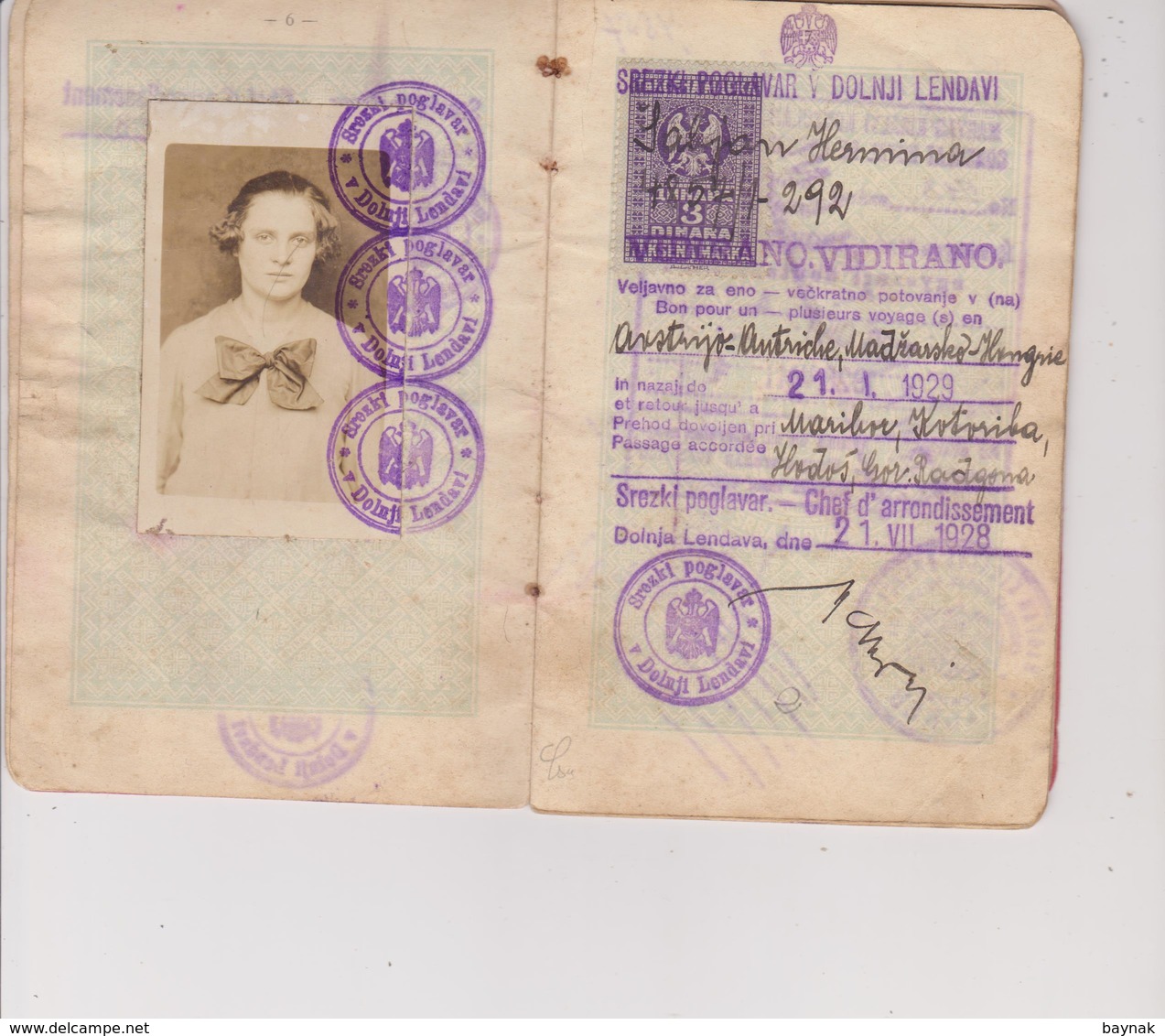 YU24 -  PASSPORT - KINGDOM OF SHS, DOLNJA LENDAVA, SLOVENIA  - 1928  - LADY PHOTO  - VISA AUSTRIA , HUNGARY - TAX STAMPS