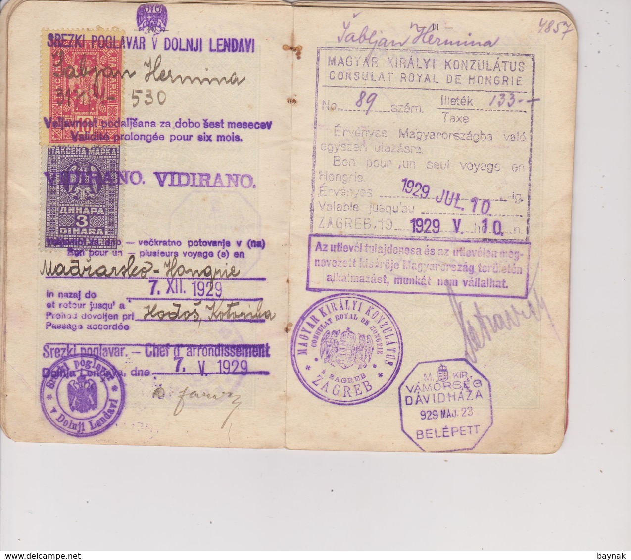 YU24 -  PASSPORT - KINGDOM OF SHS, DOLNJA LENDAVA, SLOVENIA  - 1928  - LADY PHOTO  - VISA AUSTRIA , HUNGARY - TAX STAMPS