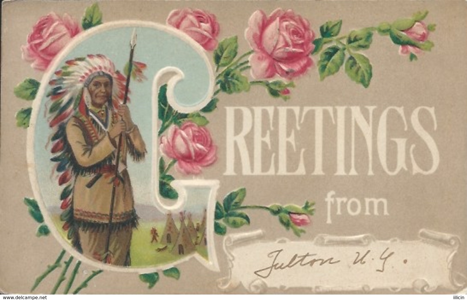 Postcard RA009913 - Greetings From... (Native / Indian / Flower) - Souvenir De...