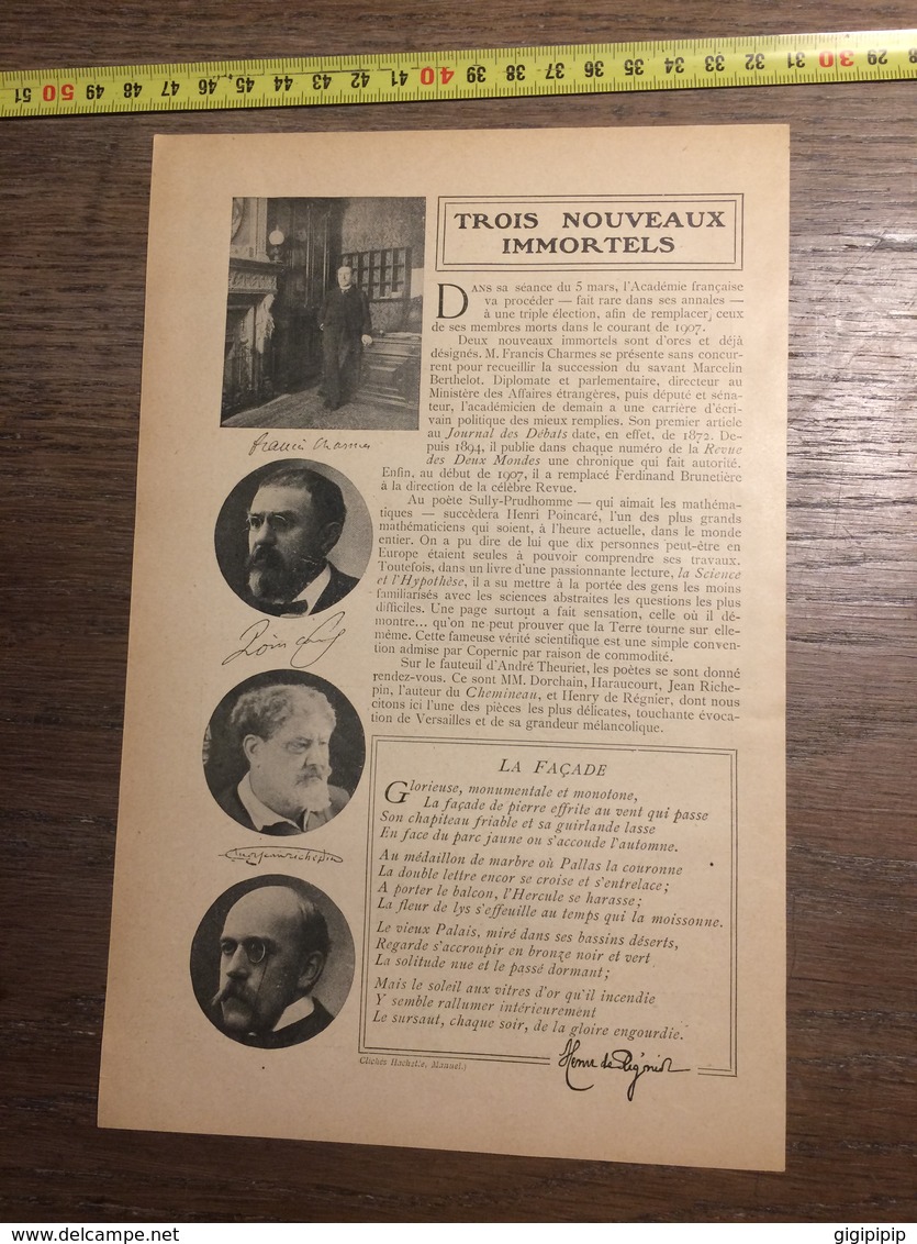 1909 DOCUMENT IMMORTELS FRANCIS CHARMES MARCELIN BERTHELOT NOS BONS COCHERS CADEL - Collections