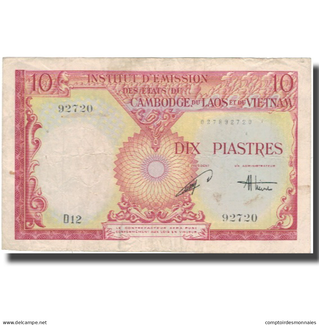 Billet, FRENCH INDO-CHINA, 10 Piastres = 10 Dong, Undated (1953), KM:107, TB+ - Indochina