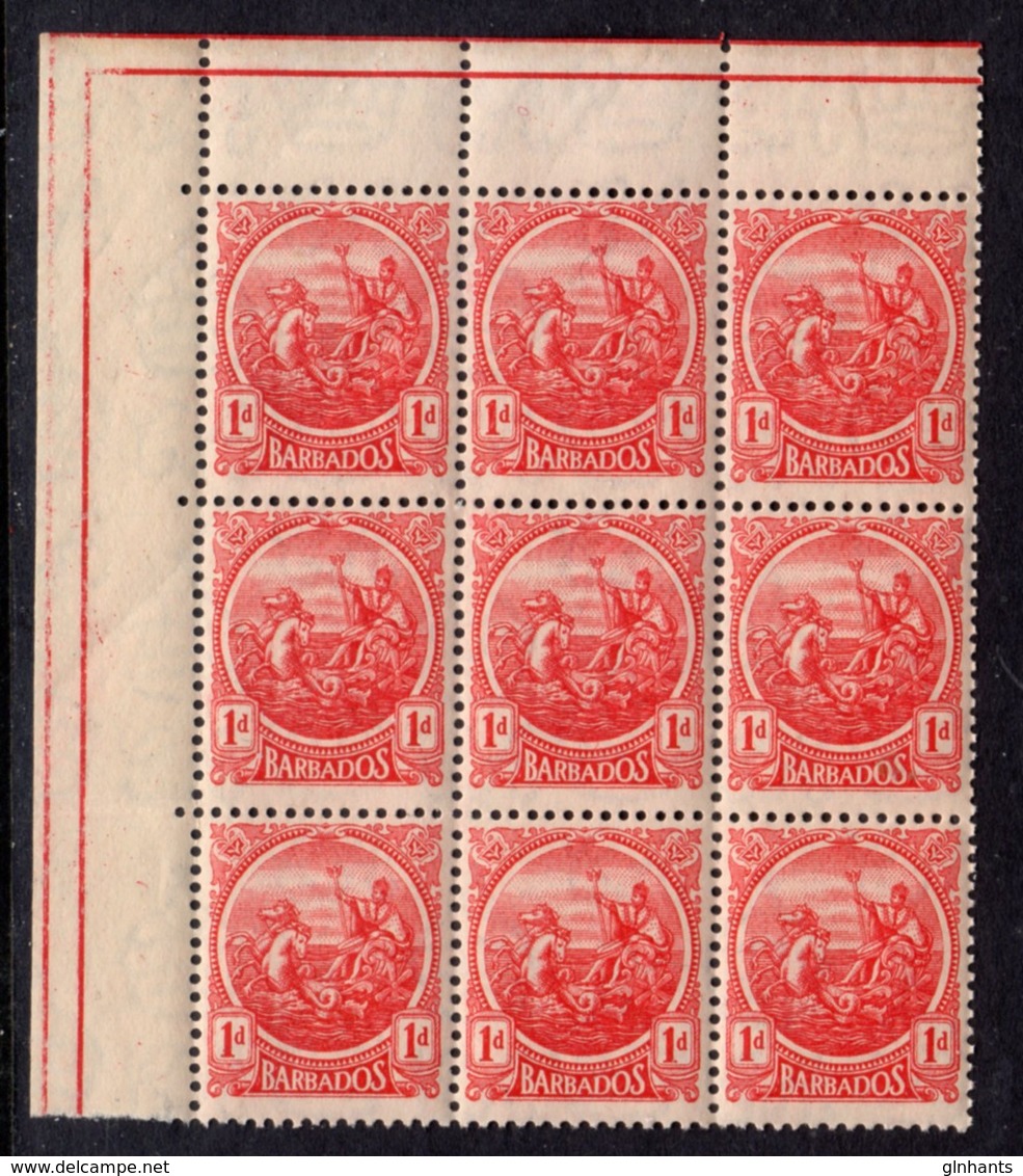 BARBADOS - 1921 ONE PENNY RED COLONY SEAL MULT SCRIPT CA IN CORNER MARGINAL BLOCK OF 9 FINE MNH ** SG 220 X 9 - Barbados (...-1966)