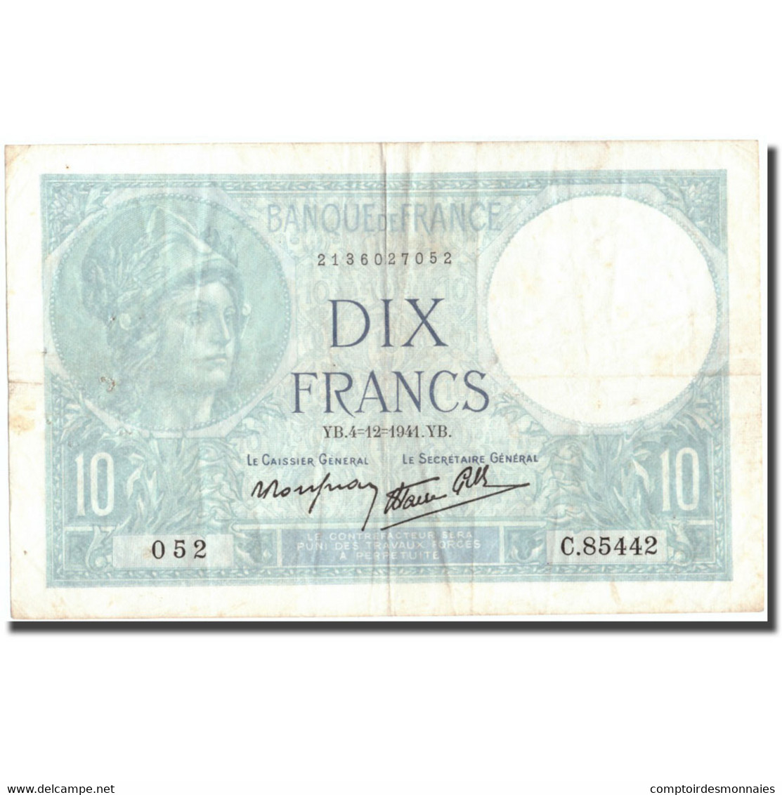 France, 10 Francs, 10 F 1916-1942 ''Minerve'', 1941, 1941-12-04, TB+, KM:84 - 10 F 1916-1942 ''Minerve''