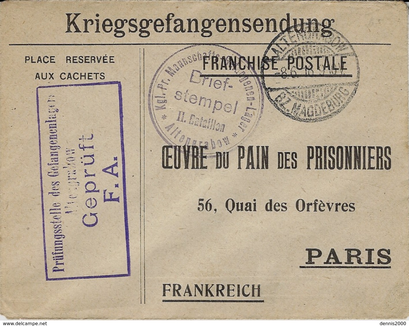 1916- Enveloppe De Retour F M à L'Oeuvre Du Pain Des Prisonniers Du Camp De ALTENGRABOW - Lettres & Documents