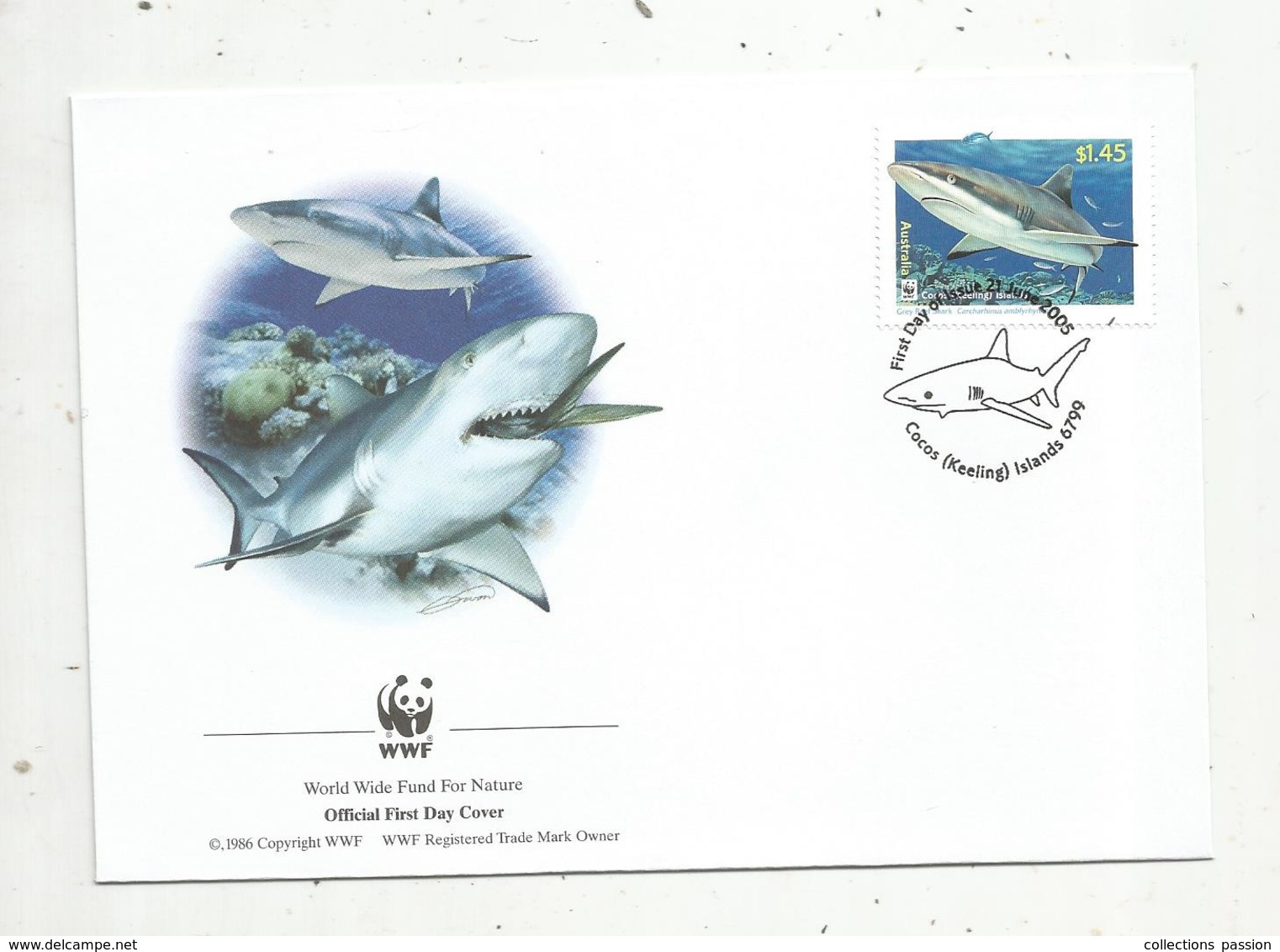 Premier Jour D'émission ,FDC , WWF , COCOS KEELING ISLANDS , AUSTRALIA , Grey Reef Shark, 21 June 2005 - Kokosinseln (Keeling Islands)