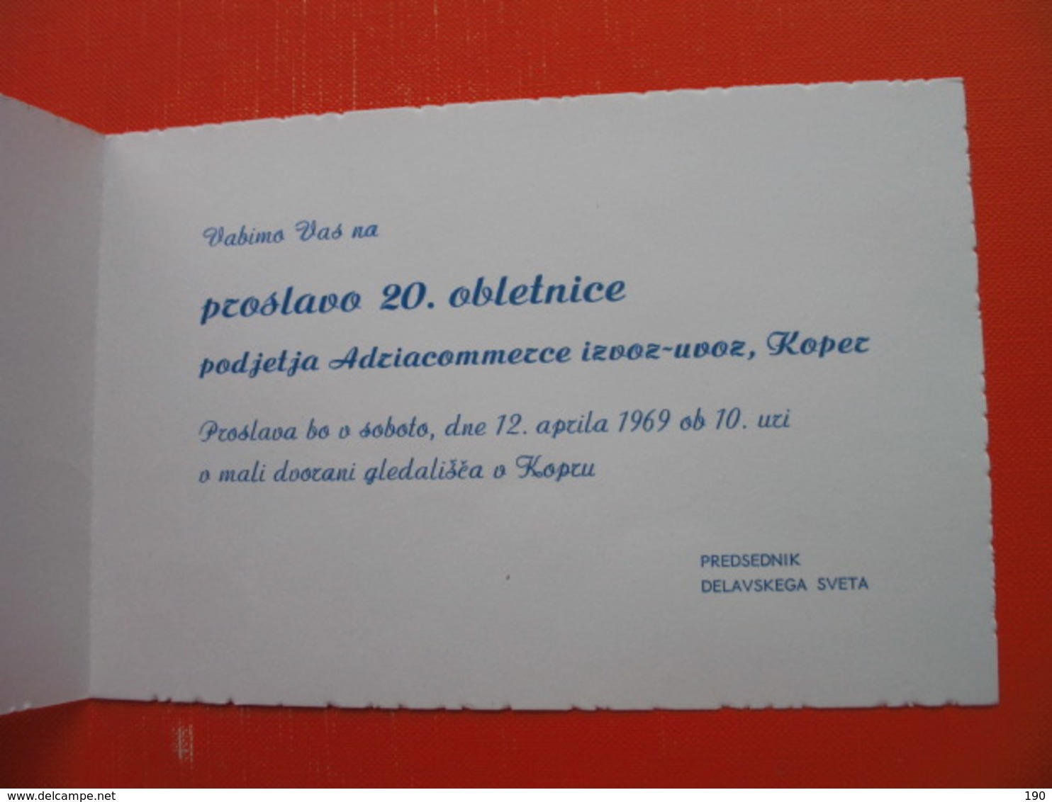 Vabilo Na Proslavo 20.obletnice Podjetja Adriacommerce Izvoz-uvoz,Koper. - Autres & Non Classés