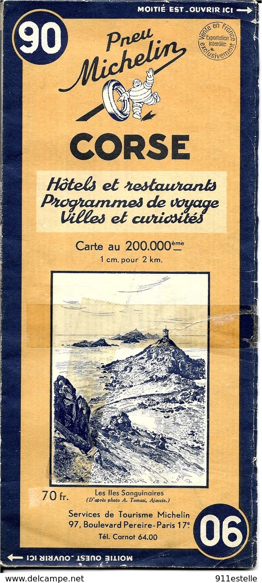 . Carte MICHELIN No 90 , CORSE  De 1949 ( état ) - Cartes Routières