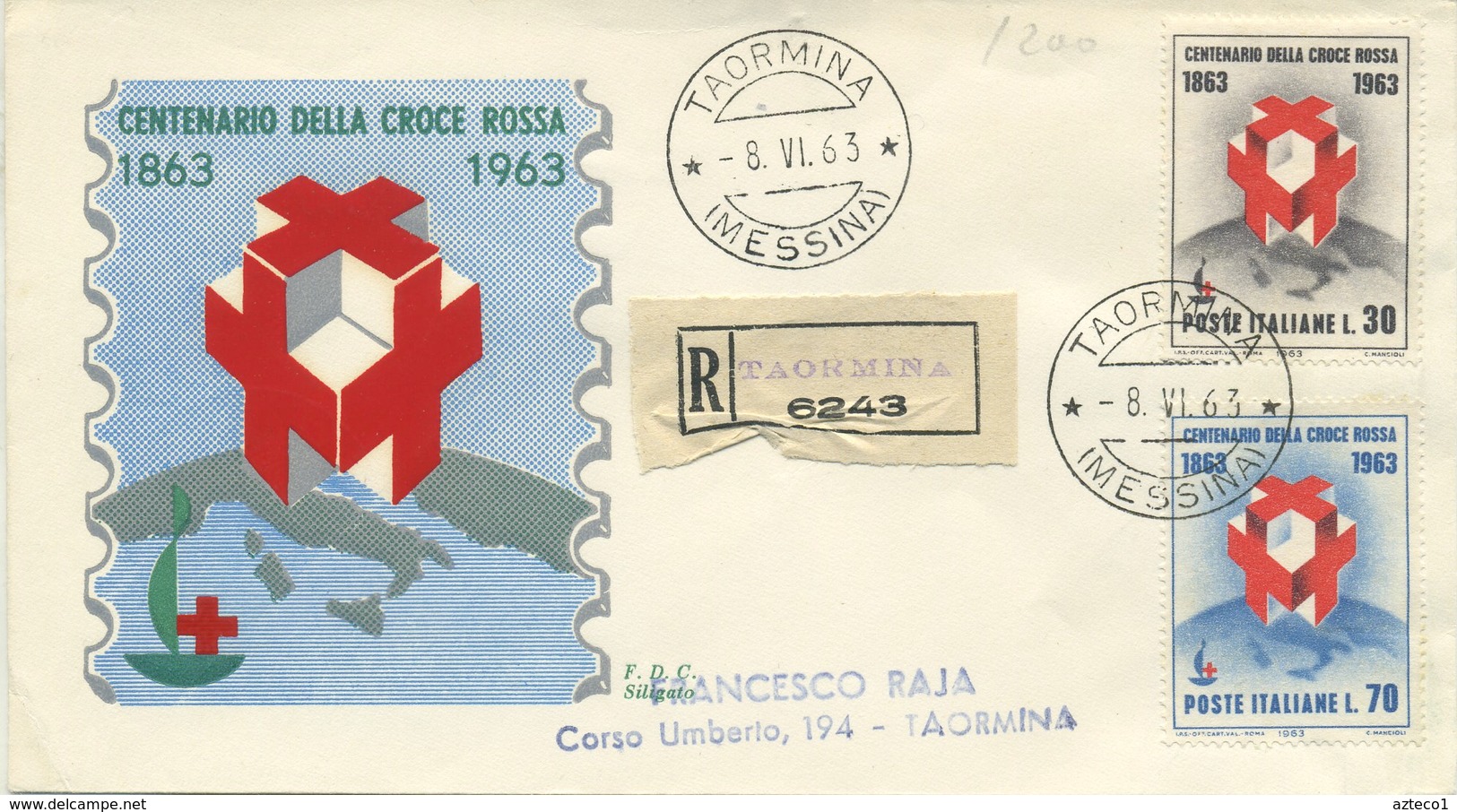 ITALIA - FDC SILIGATO 1963  - CROCE ROSSA - CRI - VIAGGIATA IN RACCOMANDATA DA TAORMINA - FDC