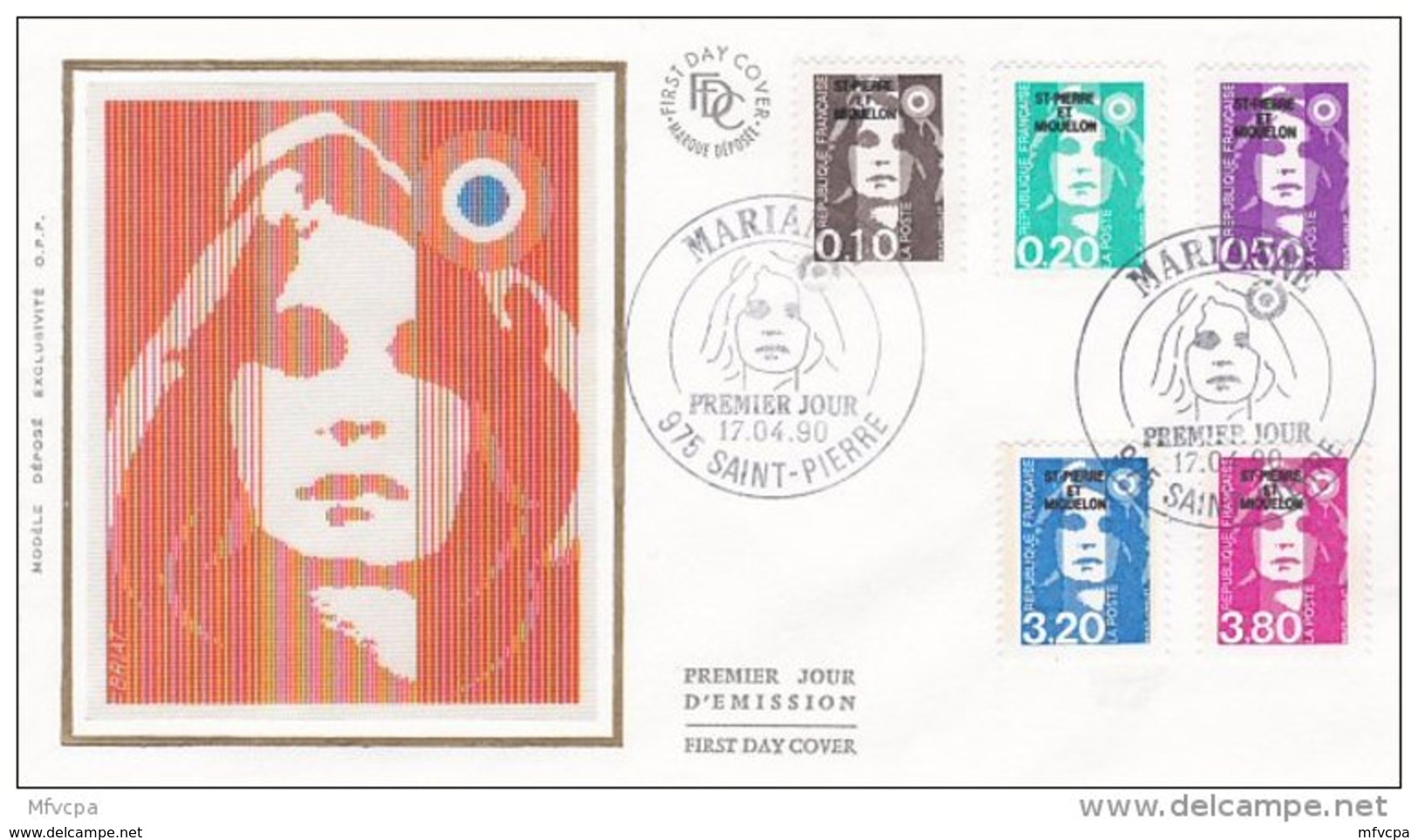 L4H186 SAINT PIERRE MIQUELON 1990 FDC Marianne Bicentenaire 5 Val.  Saint-Pierre 17 04 1990 /envel.  Illus. - FDC