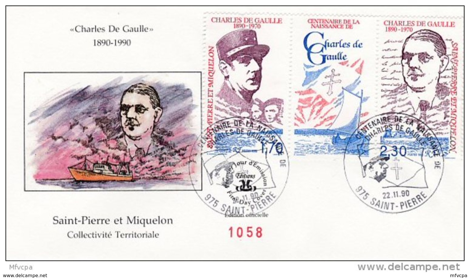 L4H199 SAINT PIERRE MIQUELON 1990 De Gaulle FDC Triptyque 1,70, 2,30f Saint-Pierre 22 11 1990 / Envel. Ill - FDC